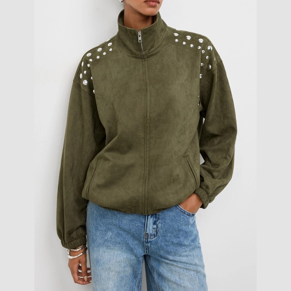 Olive Green Faux Suede Studded Funnel Neck Zip Utility Track Jacket